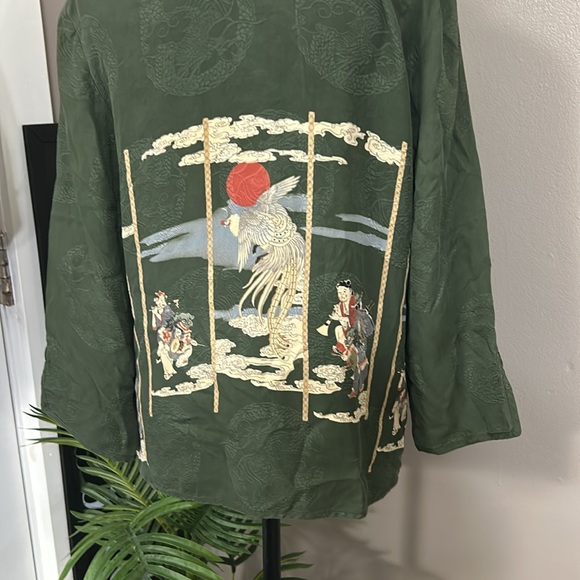 Citron Santa Monica Top Army Green Silk Asian Print Mandarin Collar Women’s M - Picture 7 of 15